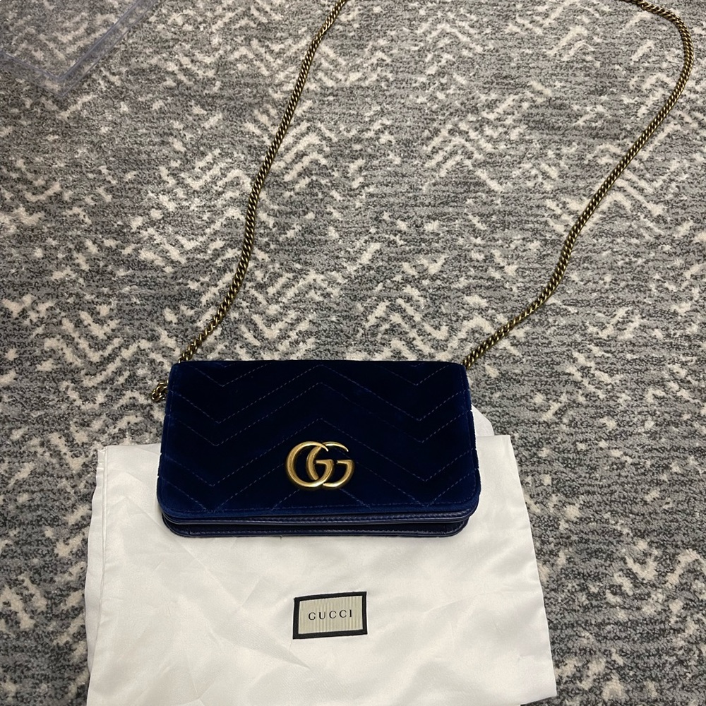 Velvet Matelasse GG Marmont Mini Bag Cobalt Blue